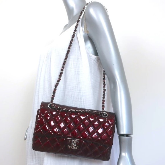 Chanel 2008 Classic Double Flap Bag Burgundy Quilted Patent Leather Shoulder Bag - Picture 2 of 12